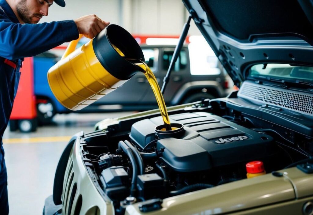 Technician pouring fresh motor oil into an engine