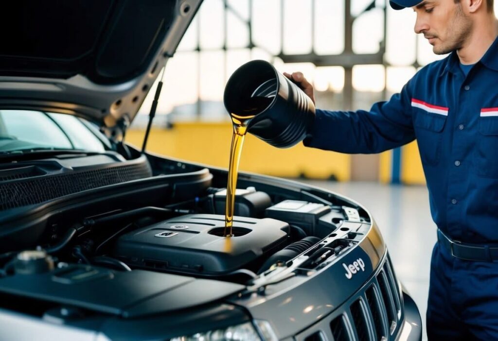 Technician pouring oil into a vehicle engine