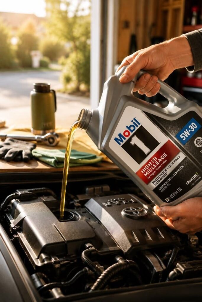 Technician pouring full synthetic motor oil into an engine
