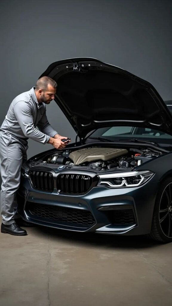 Technician inspecting a well-maintained engine bay