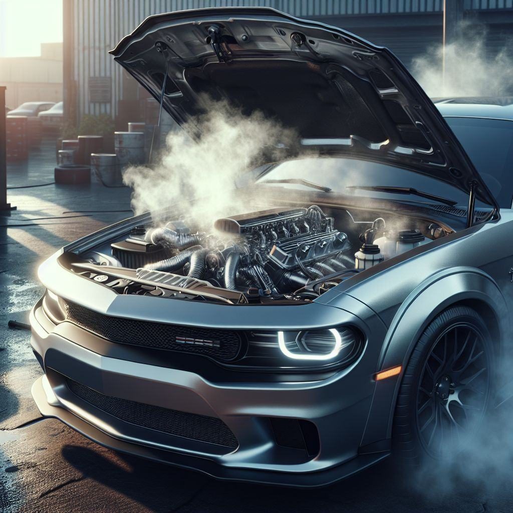 Overheating engine with steam rising from under the hood